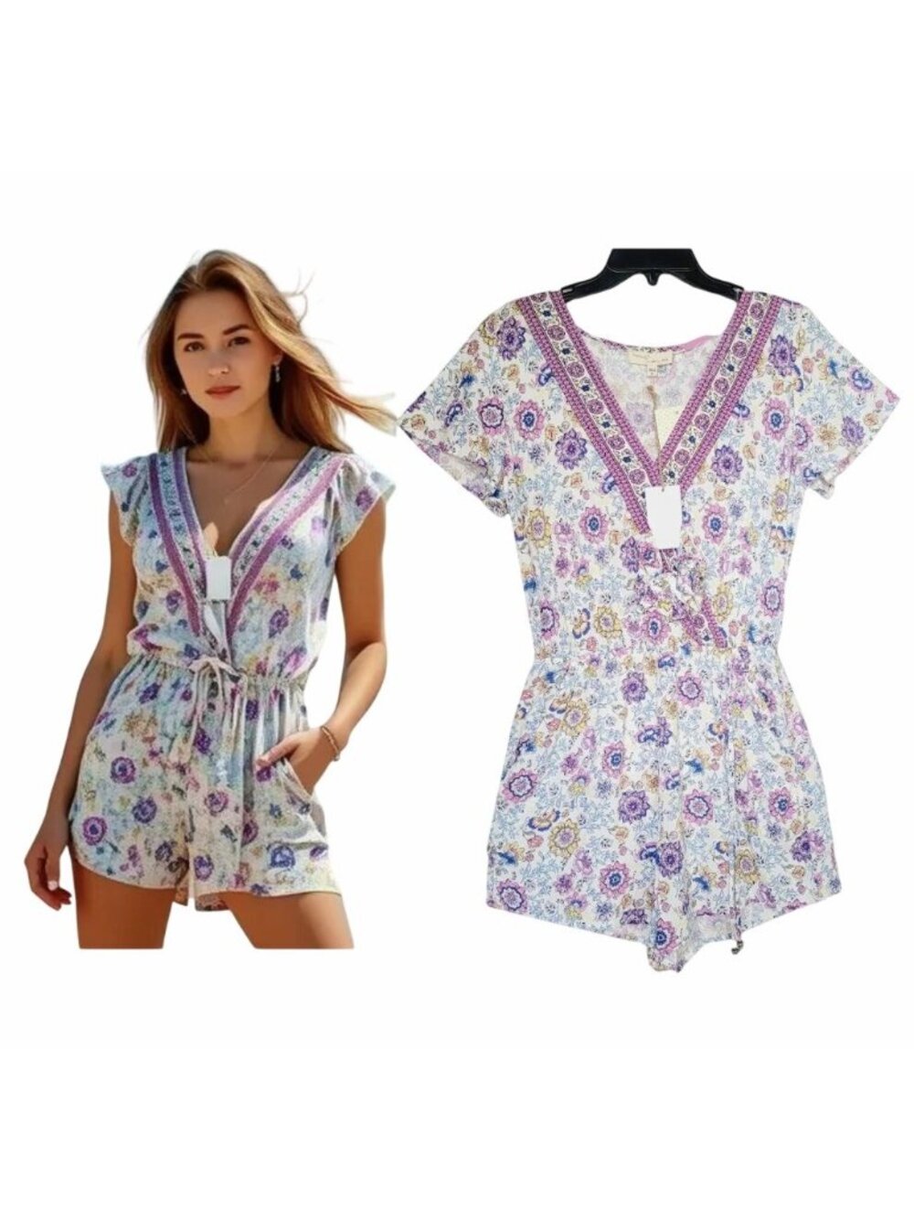 ⭐Bebop Womens Romper Size S White Purple Floral V-Neck Short Sleeve Jumpsuit New